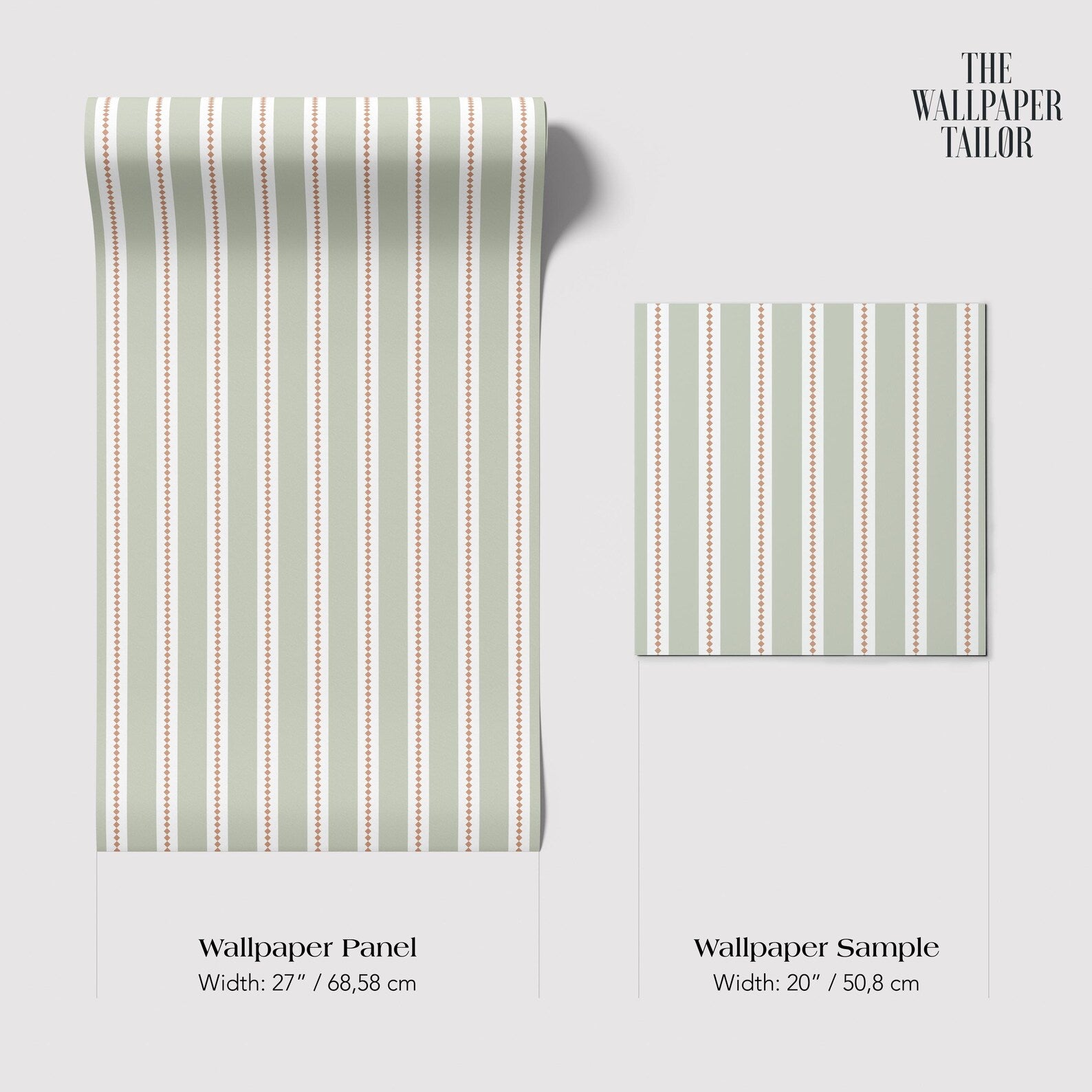 two different sizes of a wallpaper panel and a wallpaper sample, both with a striped pattern in shades of green and orange.
