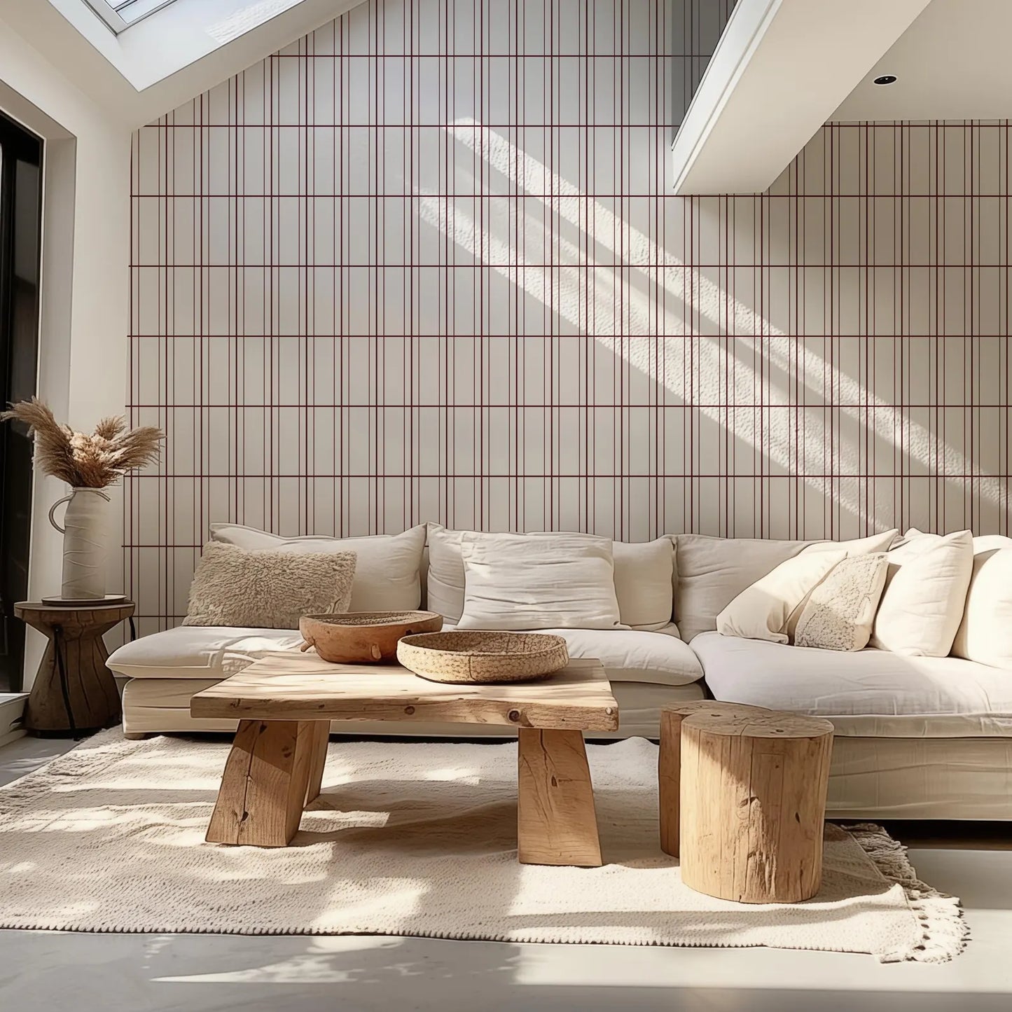 a cozy living room with a large sectional sofa, a wooden coffee table, and a wooden stool. The room has a neutral color palette with a wooden and white color scheme, and the furniture arrangement creates a welcoming and comfortable atmosphere.