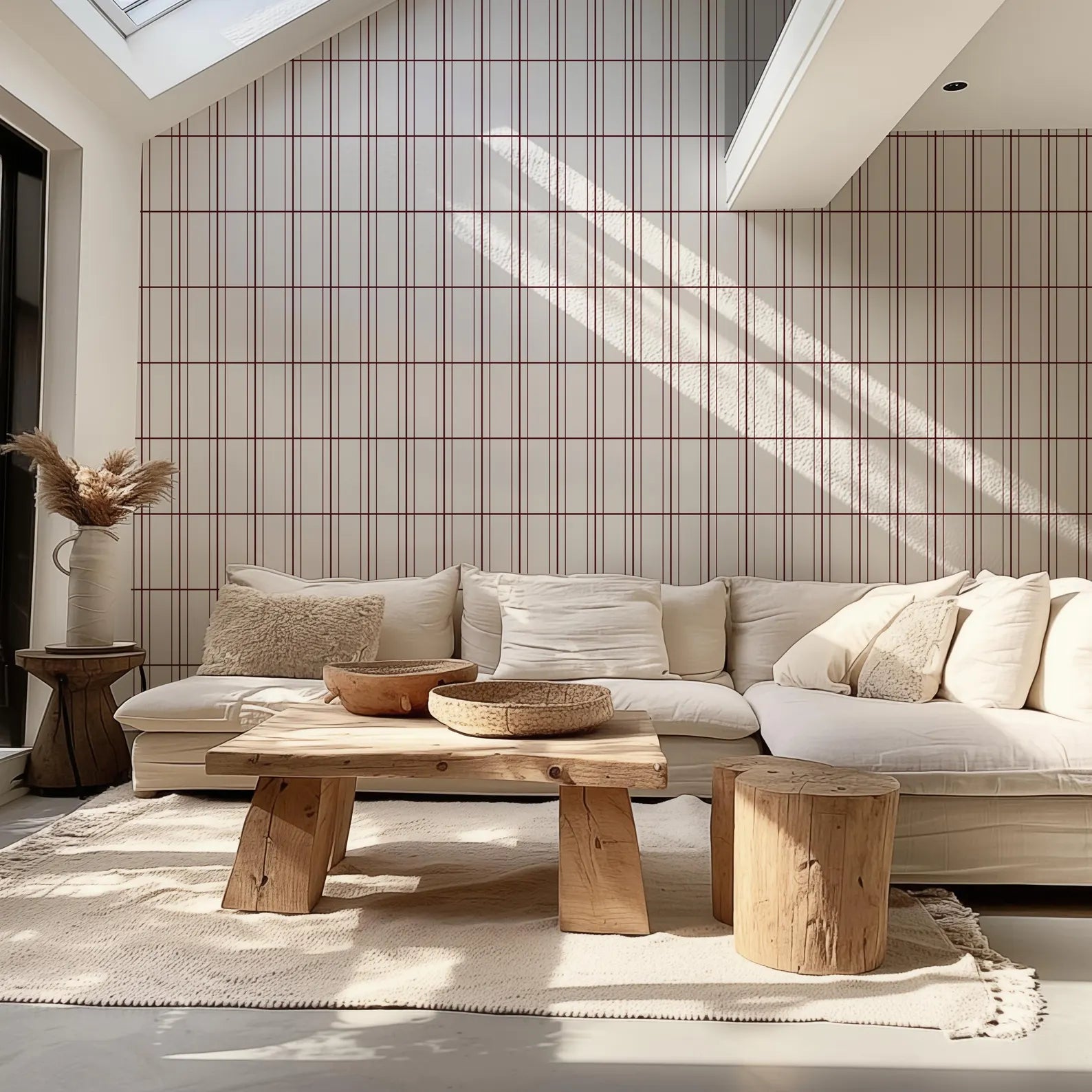 a cozy living room with a large sectional sofa, a wooden coffee table, and a wooden stool. The room has a neutral color palette with a wooden and white color scheme, and the furniture arrangement creates a welcoming and comfortable atmosphere.