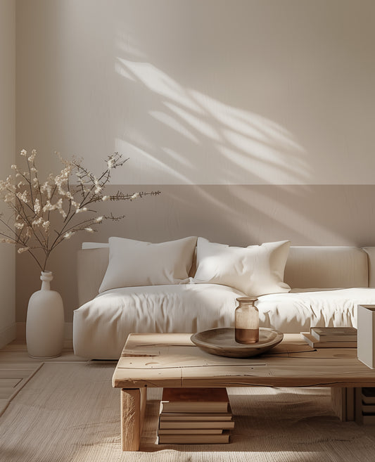 a living room with a couch, coffee table and vases