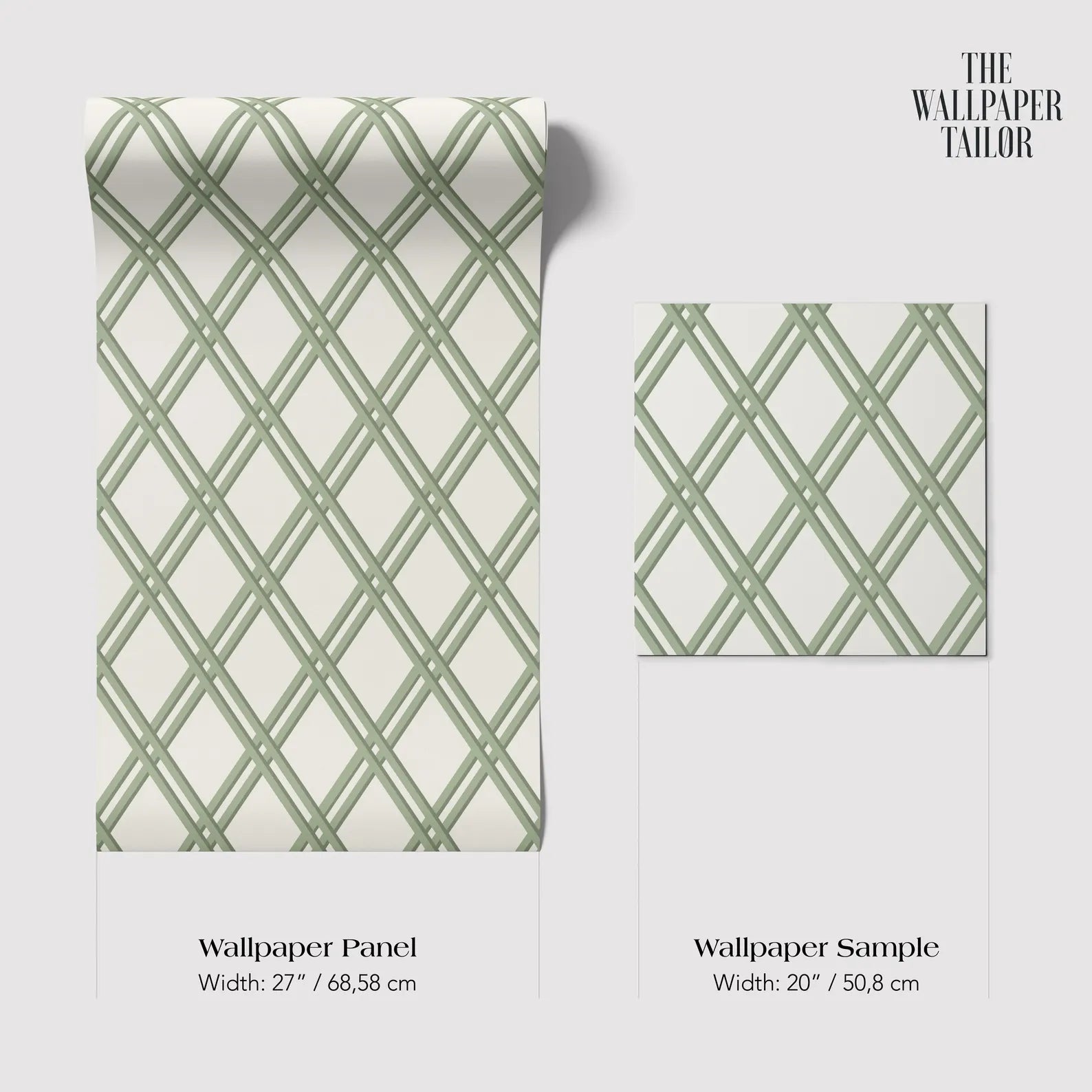 two wallpaper panels and a wallpaper sample, all featuring a repeating diamond pattern in a light green color.