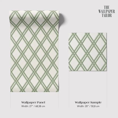 two wallpaper panels and a wallpaper sample, all featuring a repeating diamond pattern in a light green color.