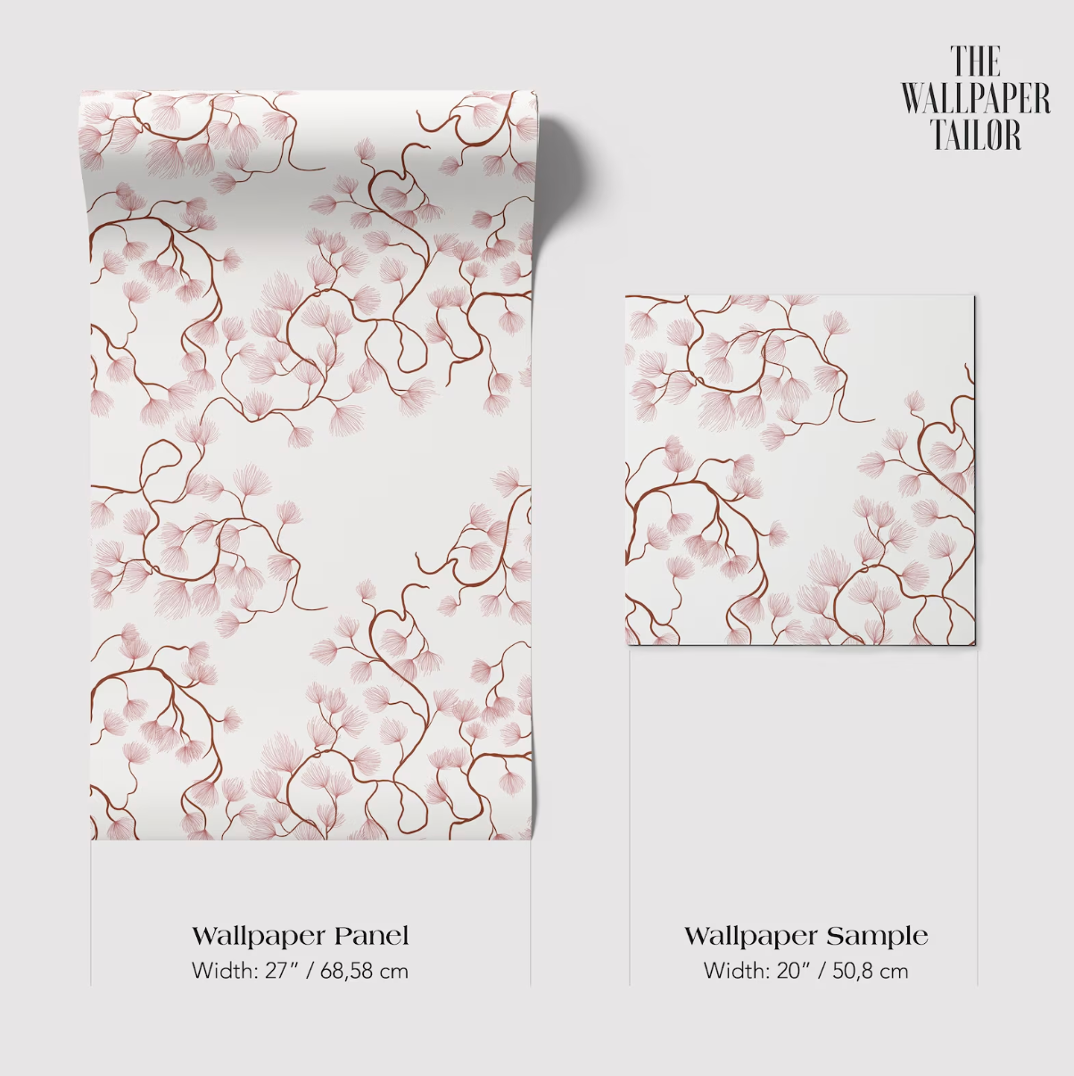two different sizes of a wallpaper panel with a floral pattern. The larger panel is 27 inches wide and 68.5 centimeters tall, while the smaller one is 20 inches wide and 50.8 centimeters tall.