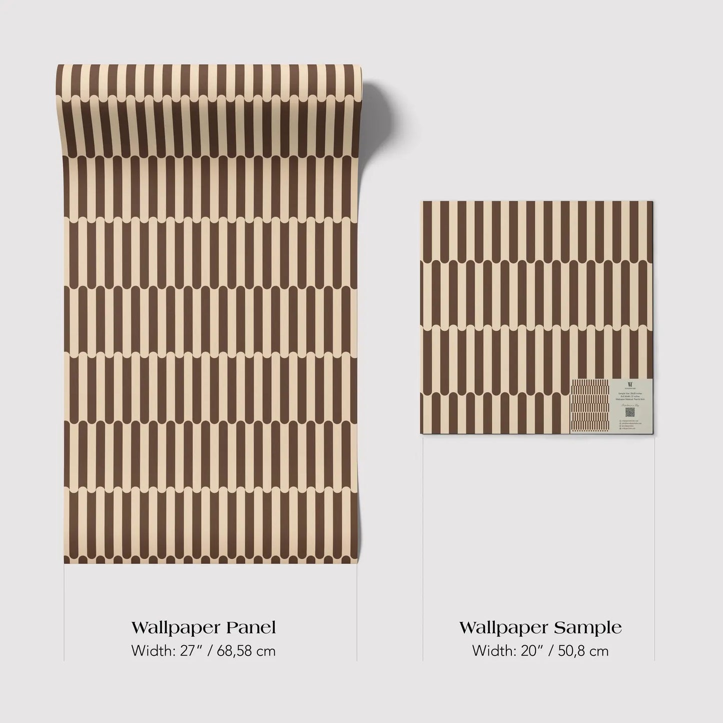 two different sizes of a wallpaper panel with a striped pattern. The larger panel is wider at 27 inches (68.58 cm) and the smaller one is wider at 20 inches (50.8 cm).
