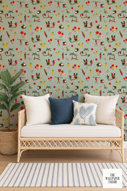 a cozy living room with a white wicker sofa adorned with three throw pillows, positioned against a wall with a vibrant, tropical-themed wallpaper.