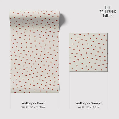 a wallpaper panel and a wallpaper sample with a repeating heart pattern. The wallpaper panel is wider at 27 inches (68.58 cm) and the wallpaper sample is wider at 20 inches (50.8 cm).