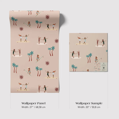 a wallpaper panel and a wallpaper sample, both featuring a repeating pattern of people surfing and palm trees. The wallpaper panel is wider at 28 inches by 68.58 centimeters, while the wallpaper sample is 20 inches by 50.8 centimeters.