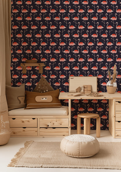 a room with a lot of furniture and a wall paper