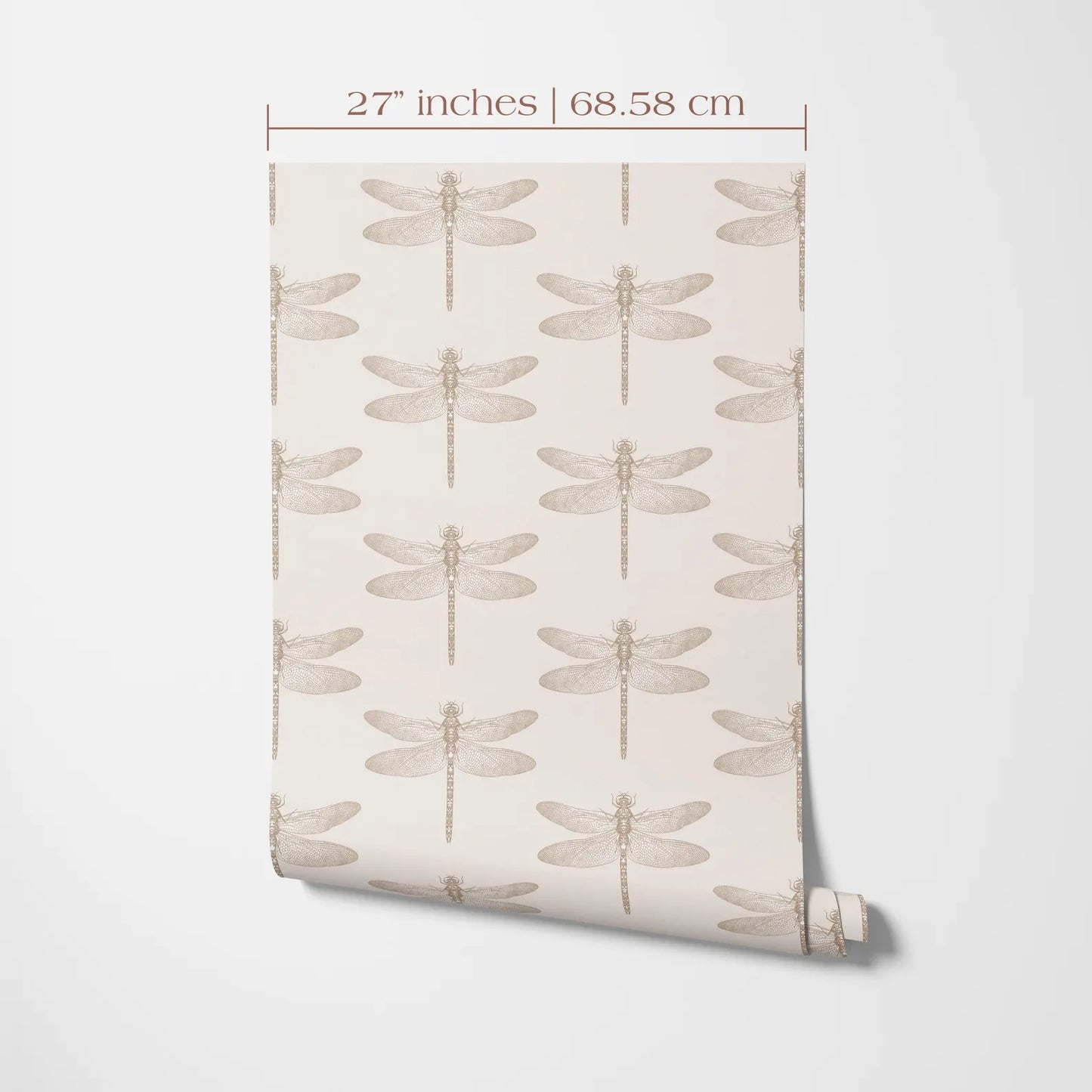 a repeating pattern of a dragonfly on a white background, with the size of the dragonfly depicted as 27 inches (68.58 cm) in the top left corner.