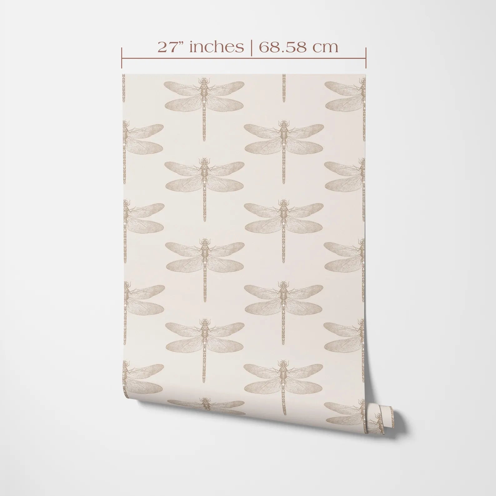 a repeating pattern of a dragonfly on a white background, with the size of the dragonfly depicted as 27 inches (68.58 cm) in the top left corner.