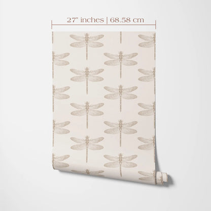 a repeating pattern of a dragonfly on a white background, with the size of the dragonfly depicted as 27 inches (68.58 cm) in the top left corner.
