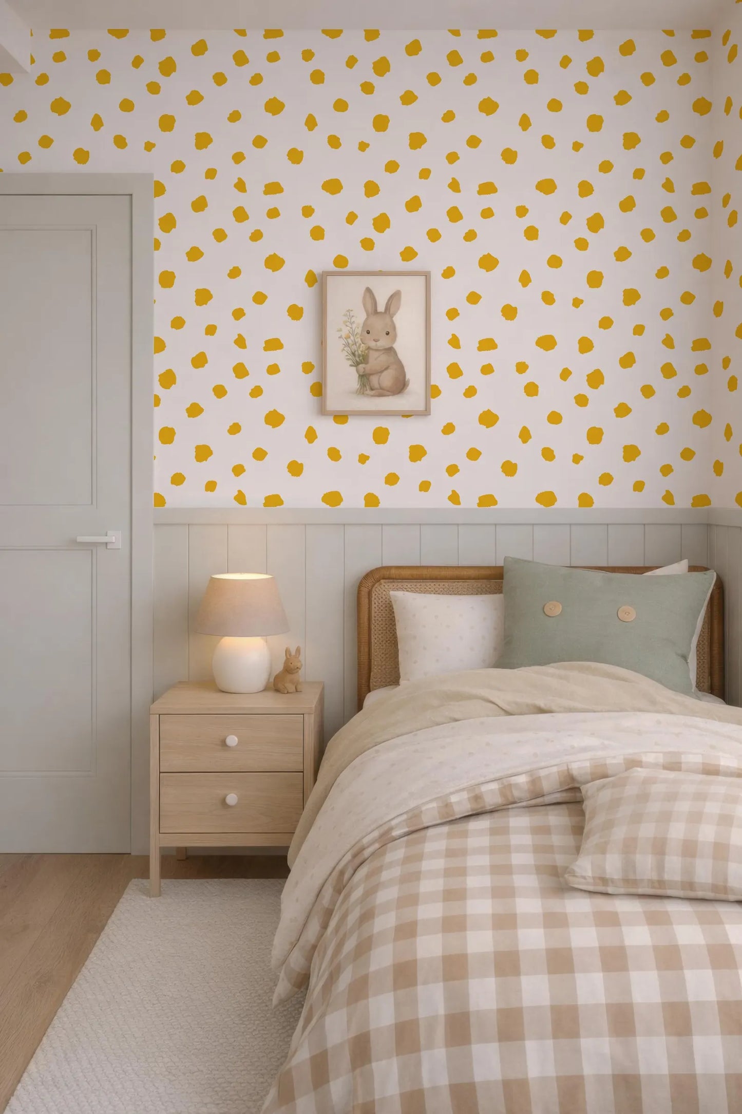 a cozy and inviting bedroom with a bed, nightstand, and a framed picture of a bunny on the wall. The room has a checkered bedspread and a light wood color scheme, creating a warm and comfortable atmosphere.
