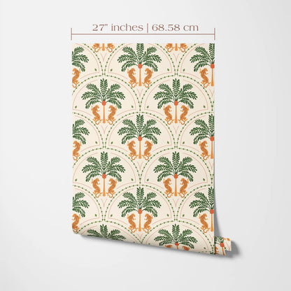 a repeating pattern of palm trees and lions on a beige background.