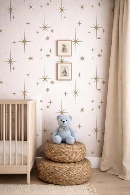 a cozy nursery scene with a wooden crib, a blue teddy bear, and a star-patterned wallpaper.
