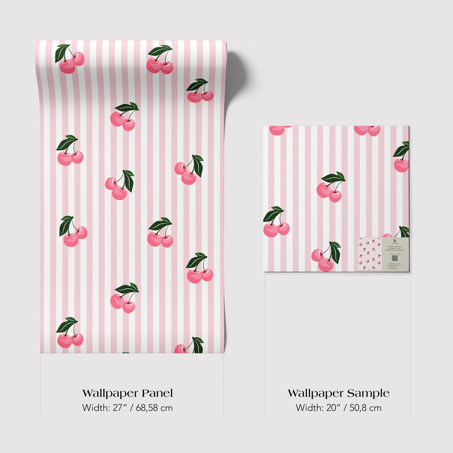 two different wallpaper samples with a repeating pattern of pink and white striped cherries. The larger sample is a wallpaper panel with a width of 27 inches (68.58 cm) and the smaller sample is a wallpaper sample with a width of 20 inches (50.8 cm).