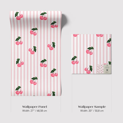 two different wallpaper samples with a repeating pattern of pink and white striped cherries. The larger sample is a wallpaper panel with a width of 27 inches (68.58 cm) and the smaller sample is a wallpaper sample with a width of 20 inches (50.8 cm).