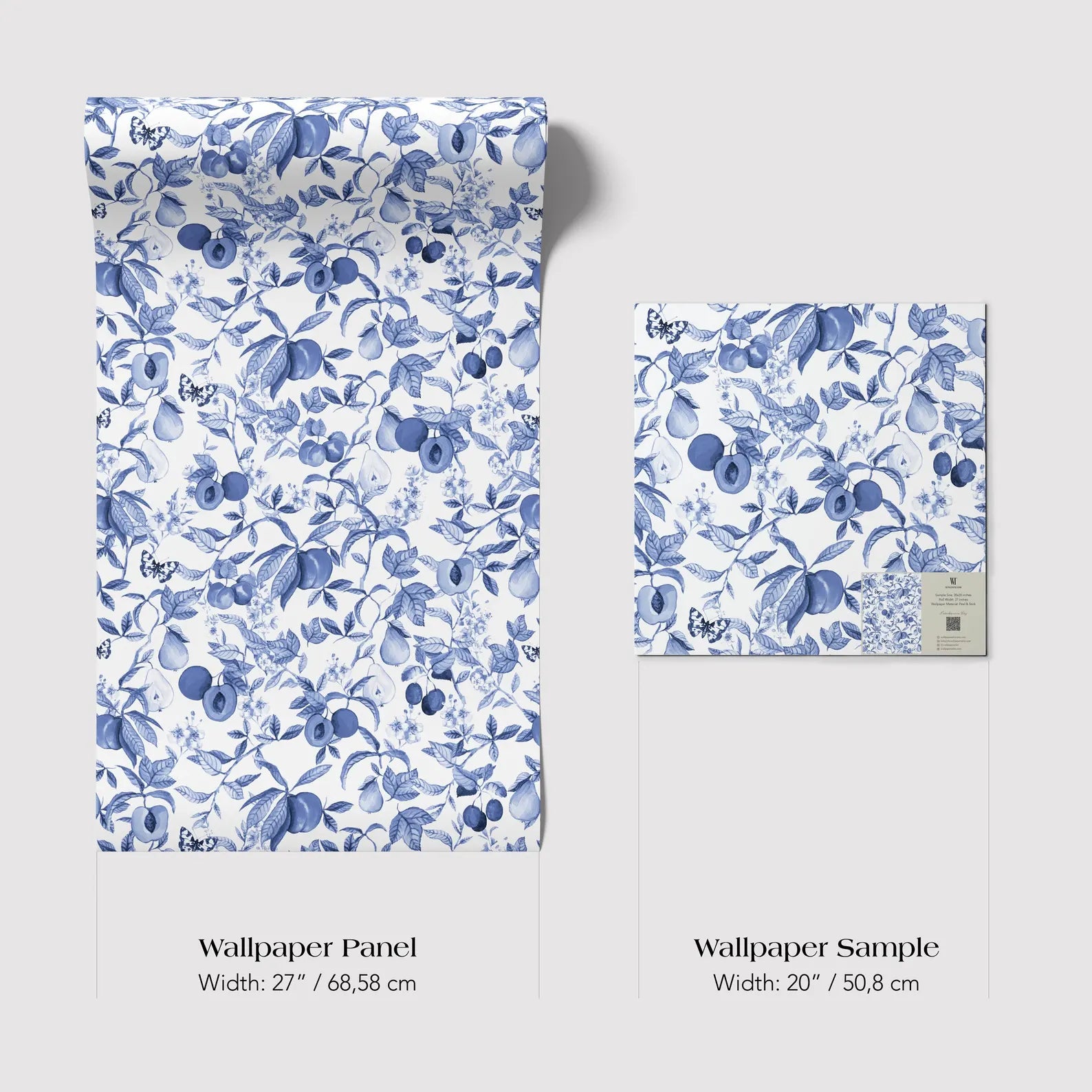 three different sizes of a wallpaper panel with a blue floral pattern. The largest panel is described as a Wallpaper Panel with a width of 27 inches or 68.58 cm, while the smallest panel is described as a Wallpaper Sample with a width of 20 inches or 50.8 cm.