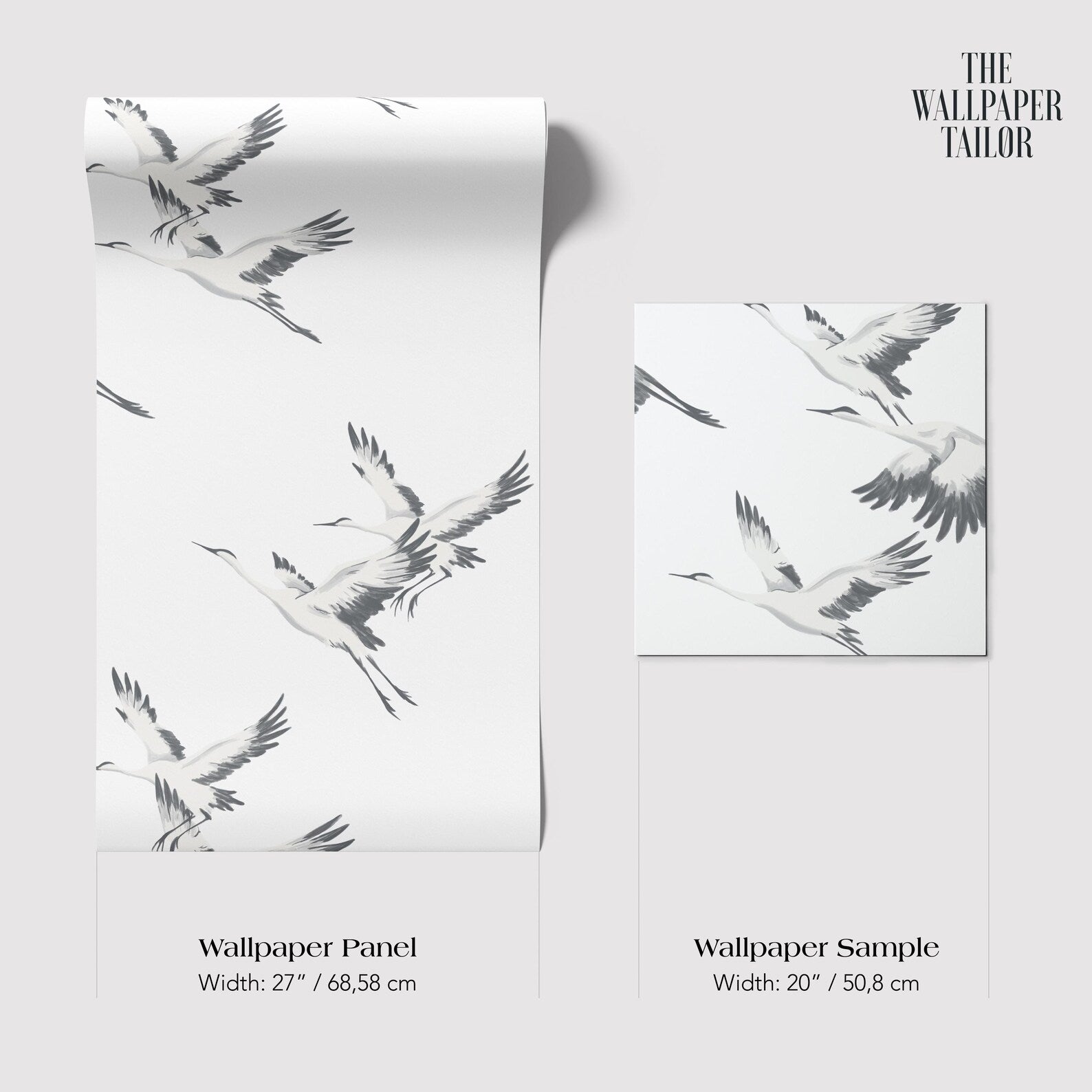 The image is a wallpaper panel and a wallpaper sample, both featuring a repeating pattern of black and white birds in flight.