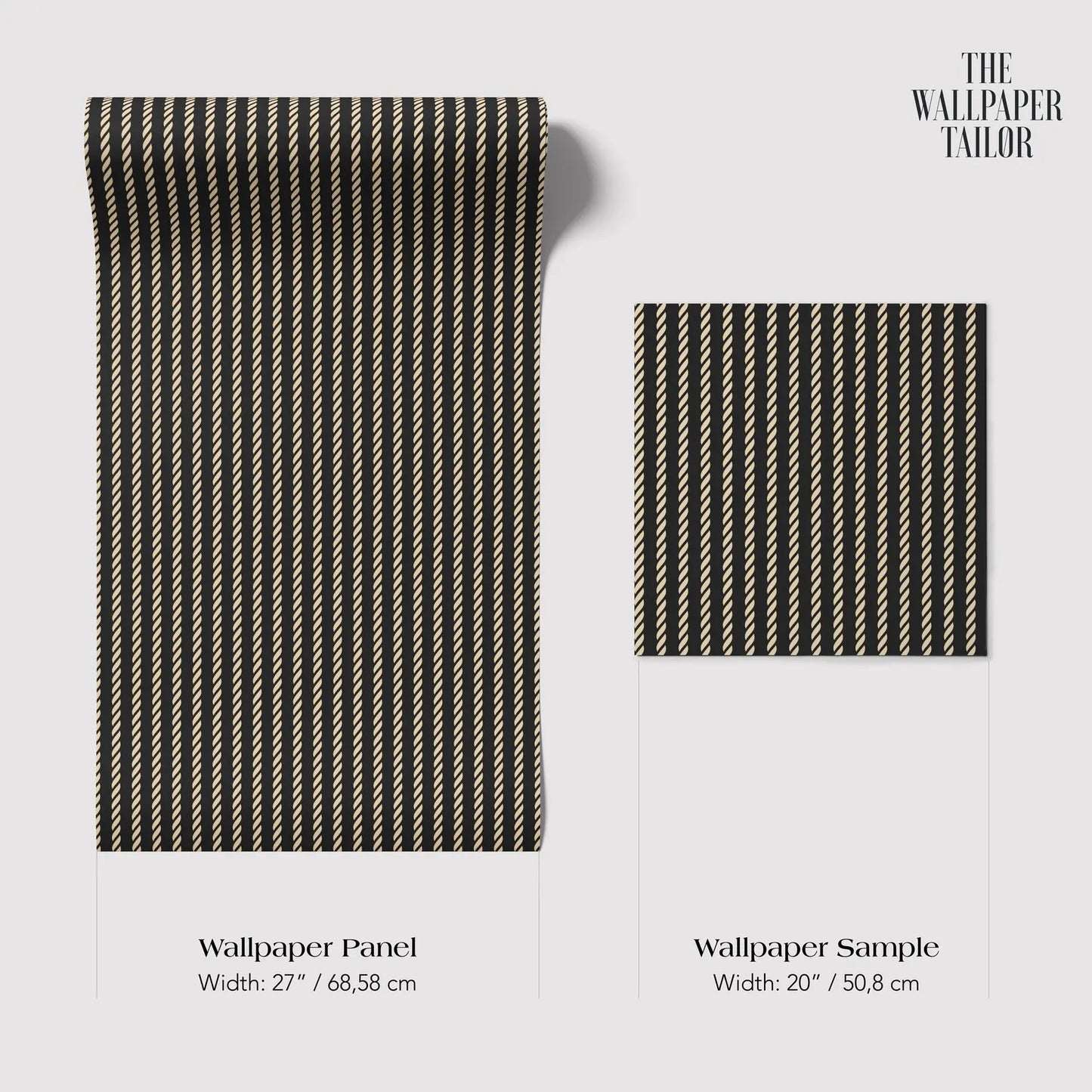a roll of wallpaper panel and a wallpaper sample, both with a striped pattern. The wallpaper panel is wider than the wallpaper sample, with a width of 27/68" / 68" cm and a width of 20" / 50" cm.