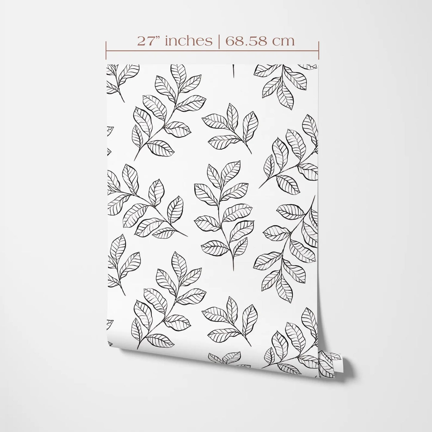 a repeating pattern of black and white leaf designs on a white background.