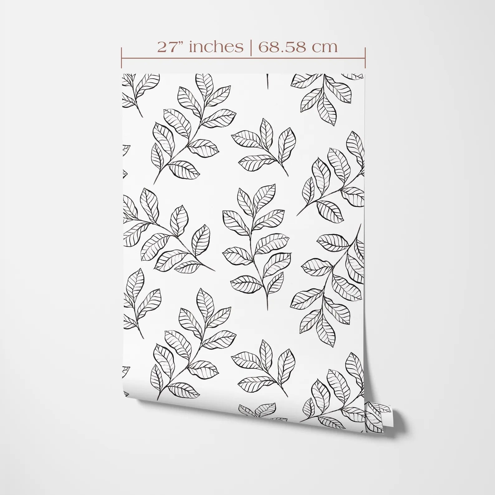 a repeating pattern of black and white leaf designs on a white background.