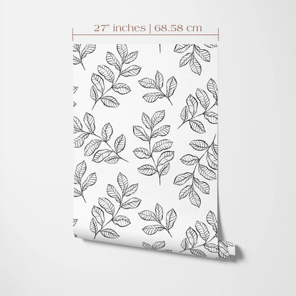 a repeating pattern of black and white leaf designs on a white background.