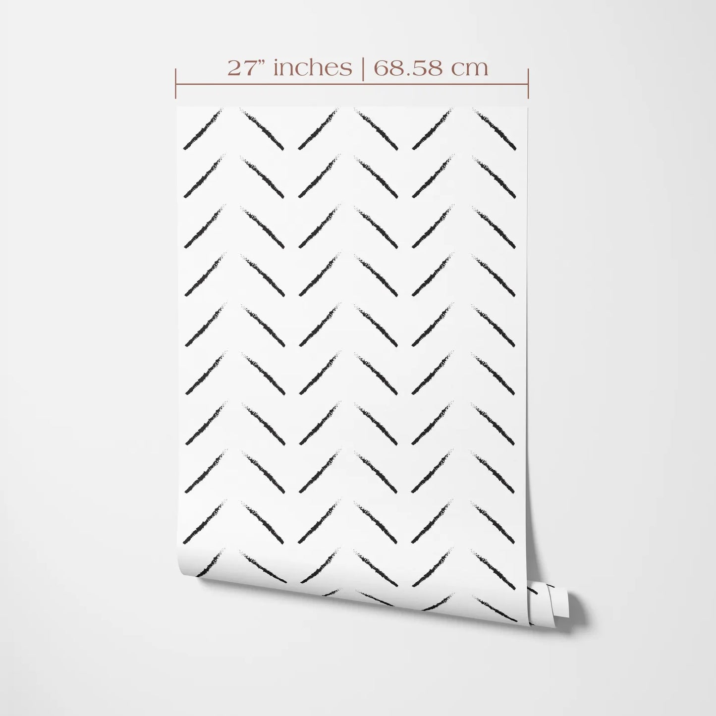 a white wall with a repeating pattern of black diagonal lines, creating a chevron or zigzag design. The pattern is described as a "27 inches" width and "68.58 cm" in the top of the image.