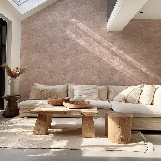 a living room with a white couch and a wooden table