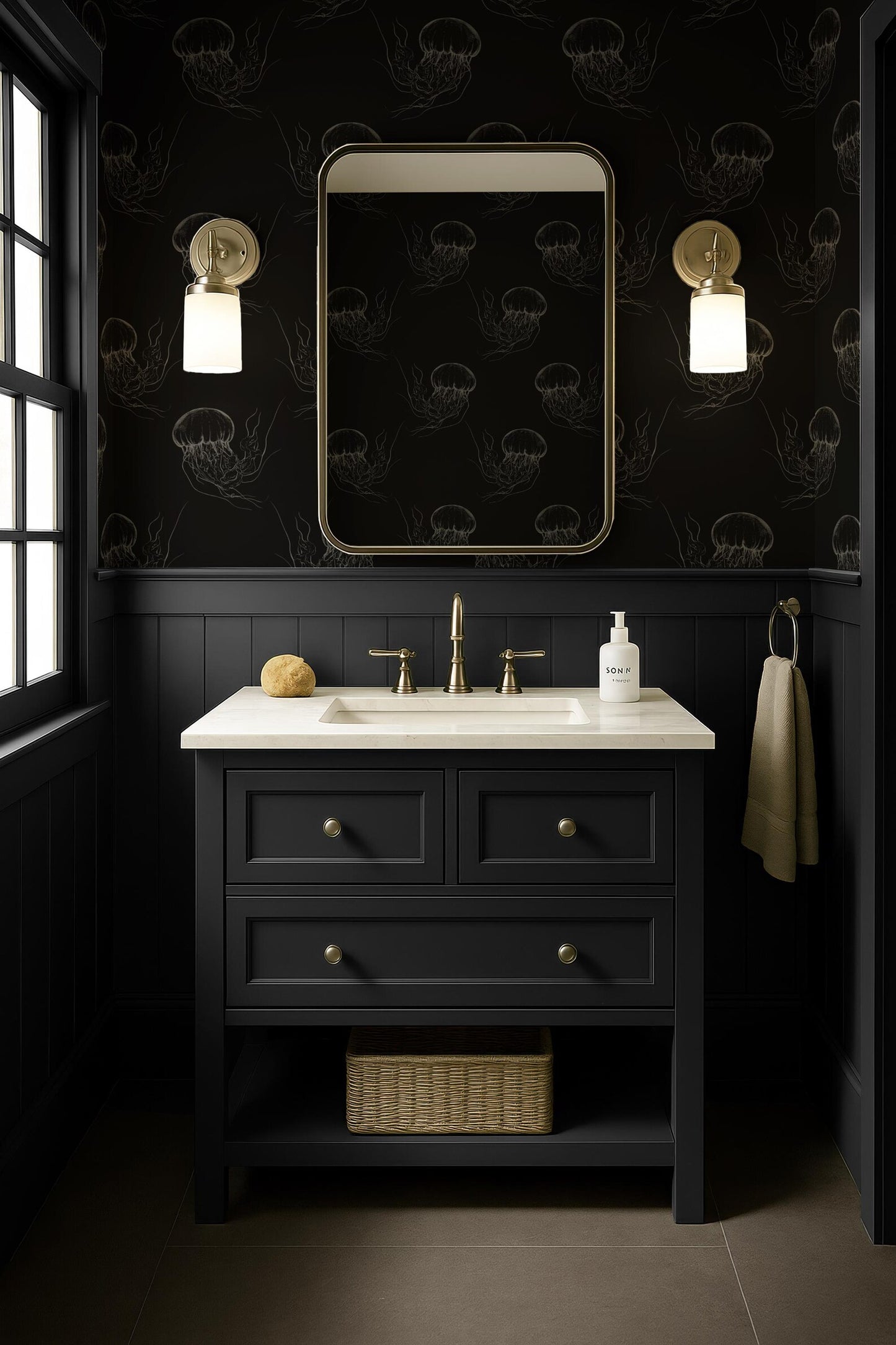 a bathroom with a black vanity, a white sink, and a mirror above it. The walls are decorated with a black and white pattern, and there are two lights on either side of the mirror. The bathroom appears to be well-lit and has a minimalist design.