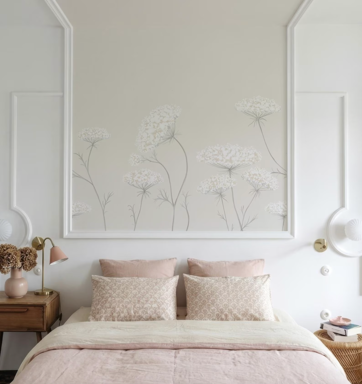 a bedroom with a large floral mural on the wall above the bed. The mural is composed of white flowers with green stems, creating a serene and calming atmosphere in the room. The bed is dressed in a pink and white bedspread, and there are two pillows on it. The room also includes a nightstand with a lamp and a vase with flowers, adding to the overall aesthetic and comfort of the space.