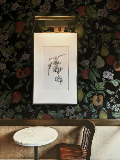 a black and white drawing of a flower on a wall, with a framed artwork hanging above a small round table and a wooden chair.
