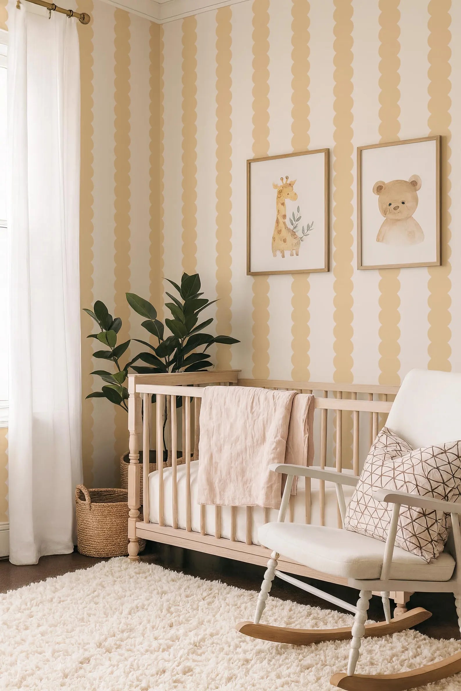 a cozy nursery with a wooden crib, a white rocking chair, and two framed animal prints on the wall. The room has a warm, inviting atmosphere with a plush rug and a potted plant.