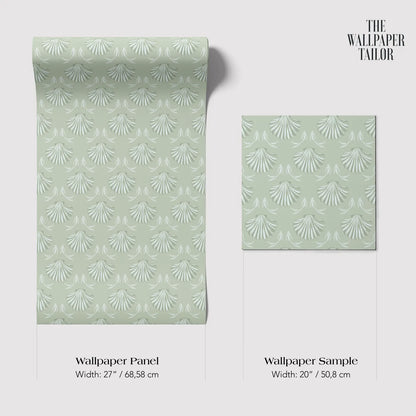 two identical rolls of wallpaper with a repeating pattern of white leaves or flowers on a light green background. The text provides information about the size and dimensions of the wallpaper, including the width of the rolls and the width of the wallpaper sample.