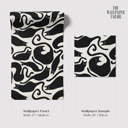 The image is a wallpaper panel and a wallpaper sample, both featuring a repeating black cat pattern.