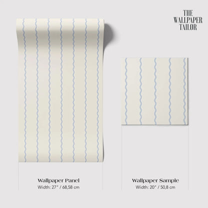 two different wallpaper samples with a repeating pattern of blue wavy lines. The text provides the widths of the samples in centimeters.