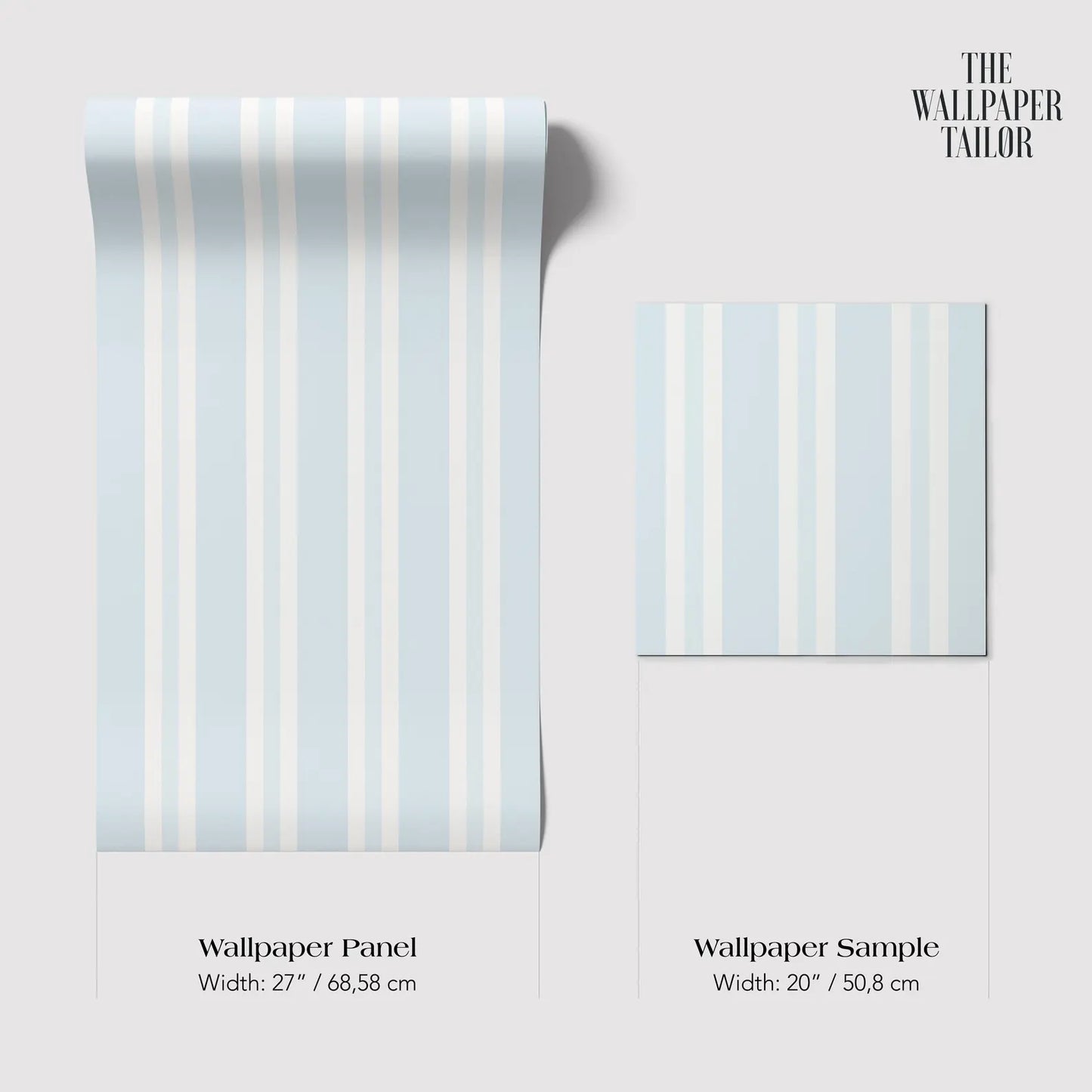 two different sizes of a light blue striped wallpaper panel and a smaller square wallpaper sample. The text provides the widths of both items, which are 17" and 20" respectively.