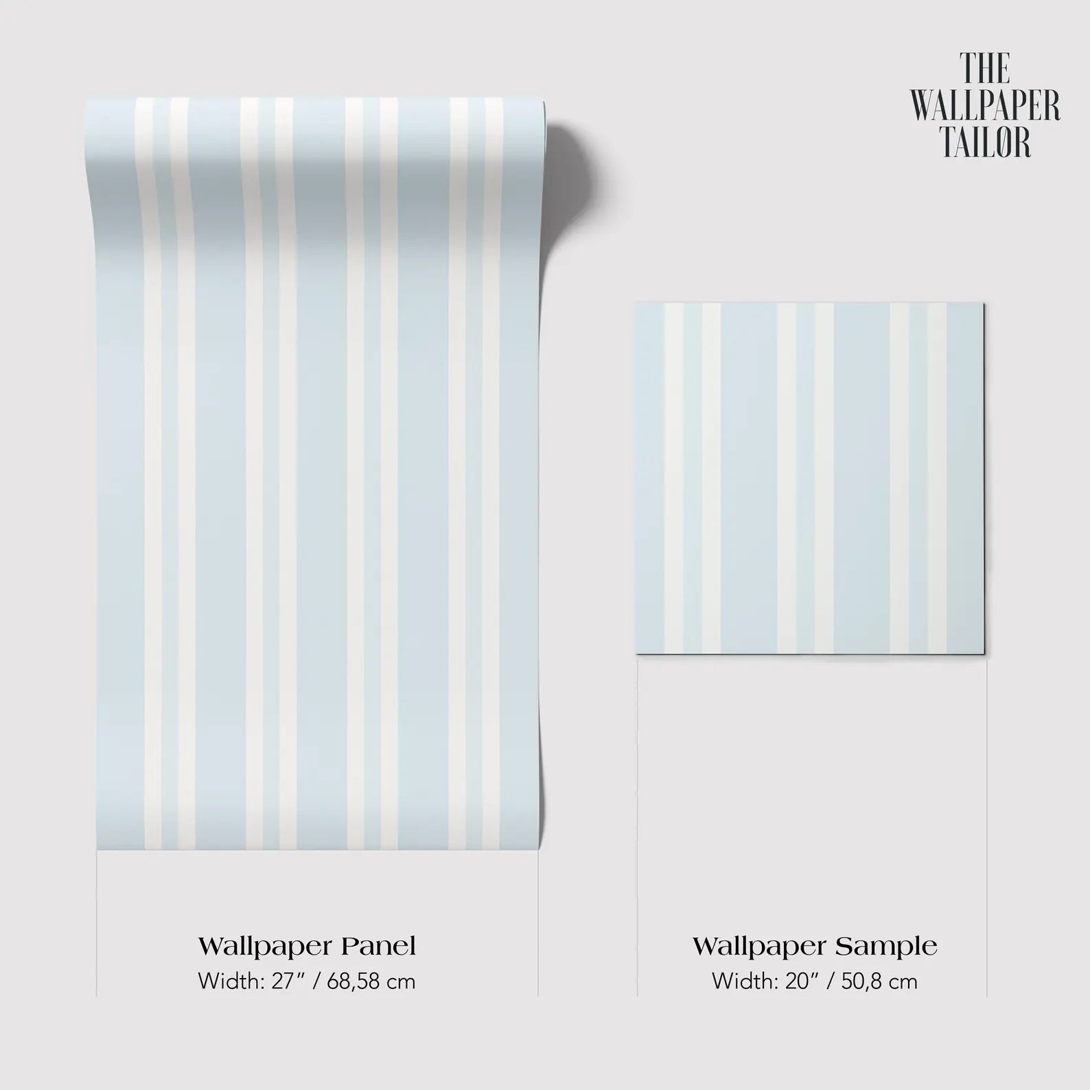 two different sizes of a light blue striped wallpaper panel and a smaller square wallpaper sample. The text provides the widths of both items, which are 17" and 20" respectively.