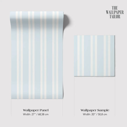 two different sizes of a light blue striped wallpaper panel and a smaller square wallpaper sample. The text provides the widths of both items, which are 17" and 20" respectively.