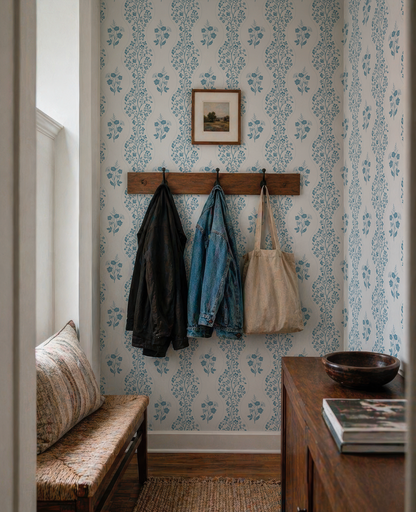 a cozy entryway with a wooden coat rack holding three jackets and a beige bag. A bench is positioned next to the coat rack, and a wooden cabinet is visible on the right side of the frame. The walls are adorned with a blue and white floral wallpaper, and a framed picture hangs above the coat rack.
