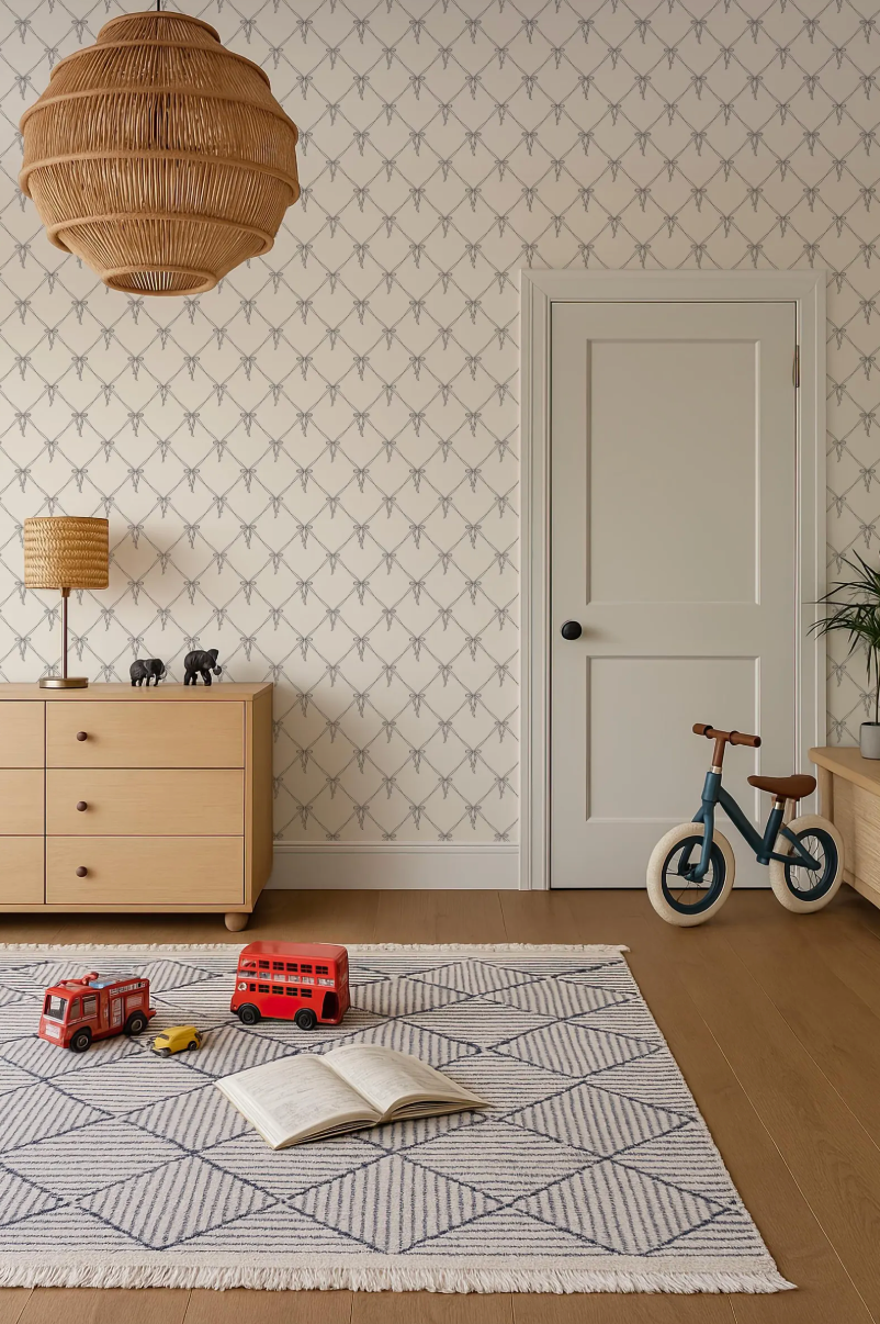 a cozy and well-organized room with a patterned rug, a wooden dresser, a bicycle, and a lamp. There is also a book on the floor, suggesting a space for relaxation and leisure.