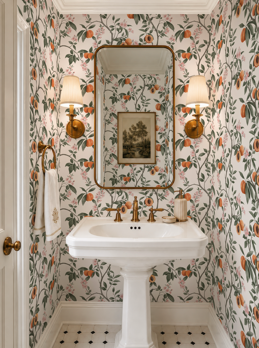 a bathroom with a white pedestal sink, a mirror above it, and two wall sconces on either side. The walls are covered in a floral wallpaper with orange and green hues, creating a warm and inviting atmosphere.