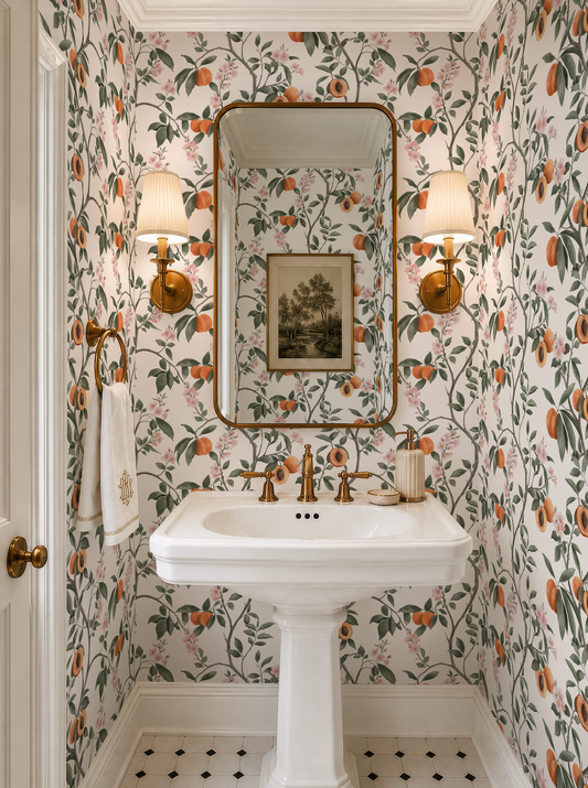 a bathroom with a white pedestal sink, a mirror above it, and two wall sconces on either side. The walls are covered in a floral wallpaper with orange and green hues, creating a warm and inviting atmosphere.