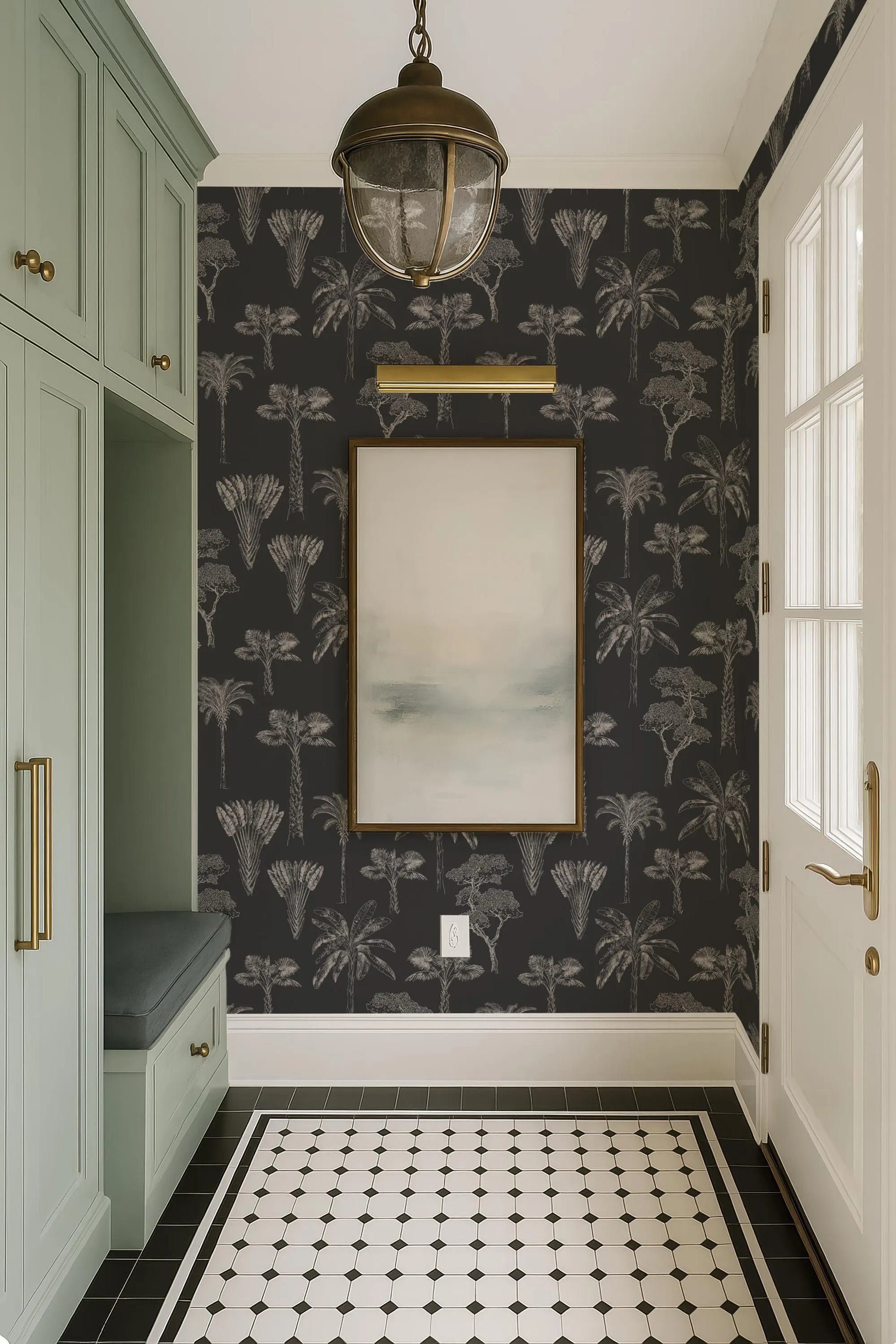 a hallway with a black and white tiled floor, a framed artwork hanging on the wall, and a light fixture hanging from the ceiling.
