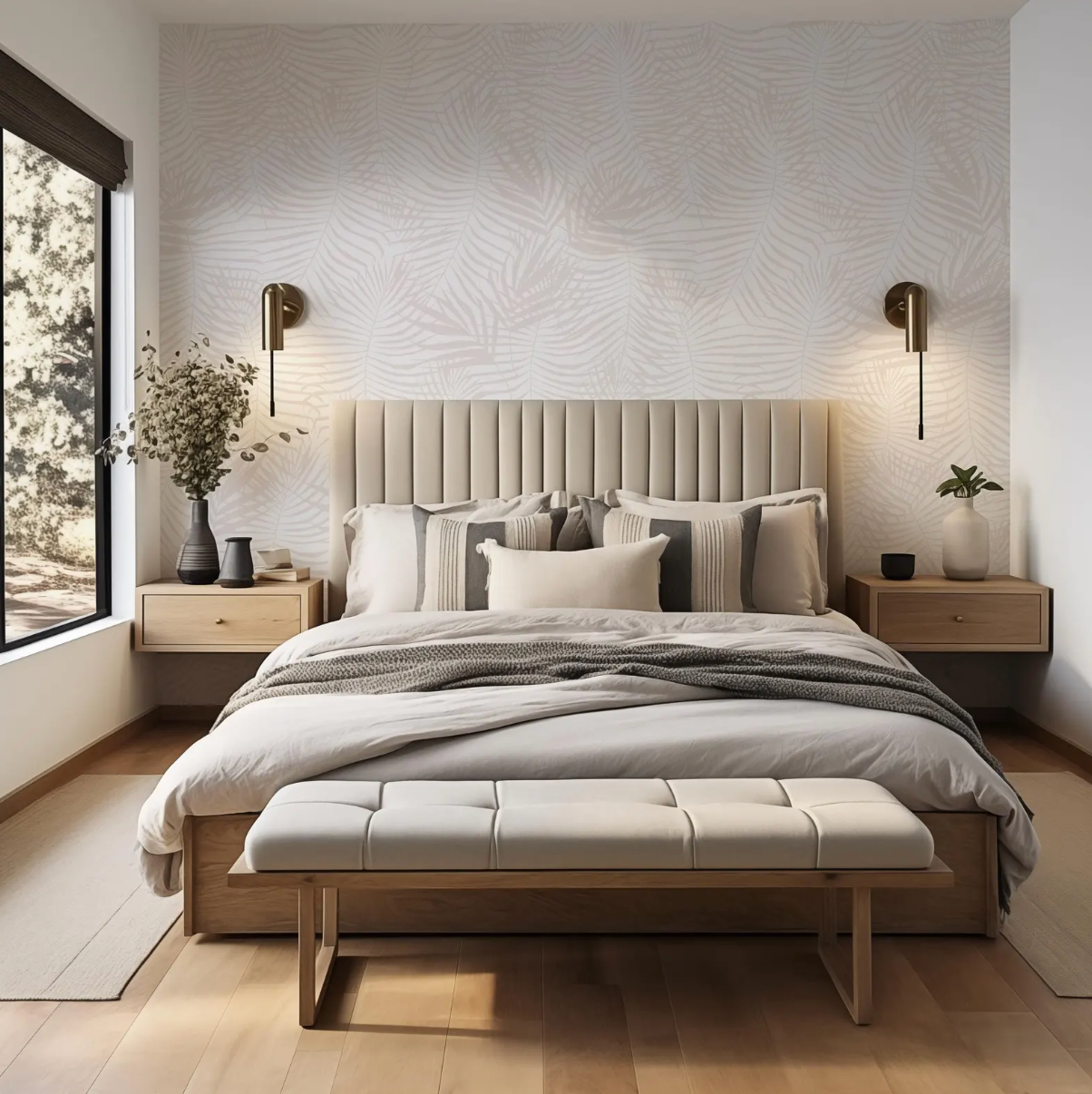 a modern and minimalist bedroom with a large bed, wooden furniture, and a window overlooking the outdoors.