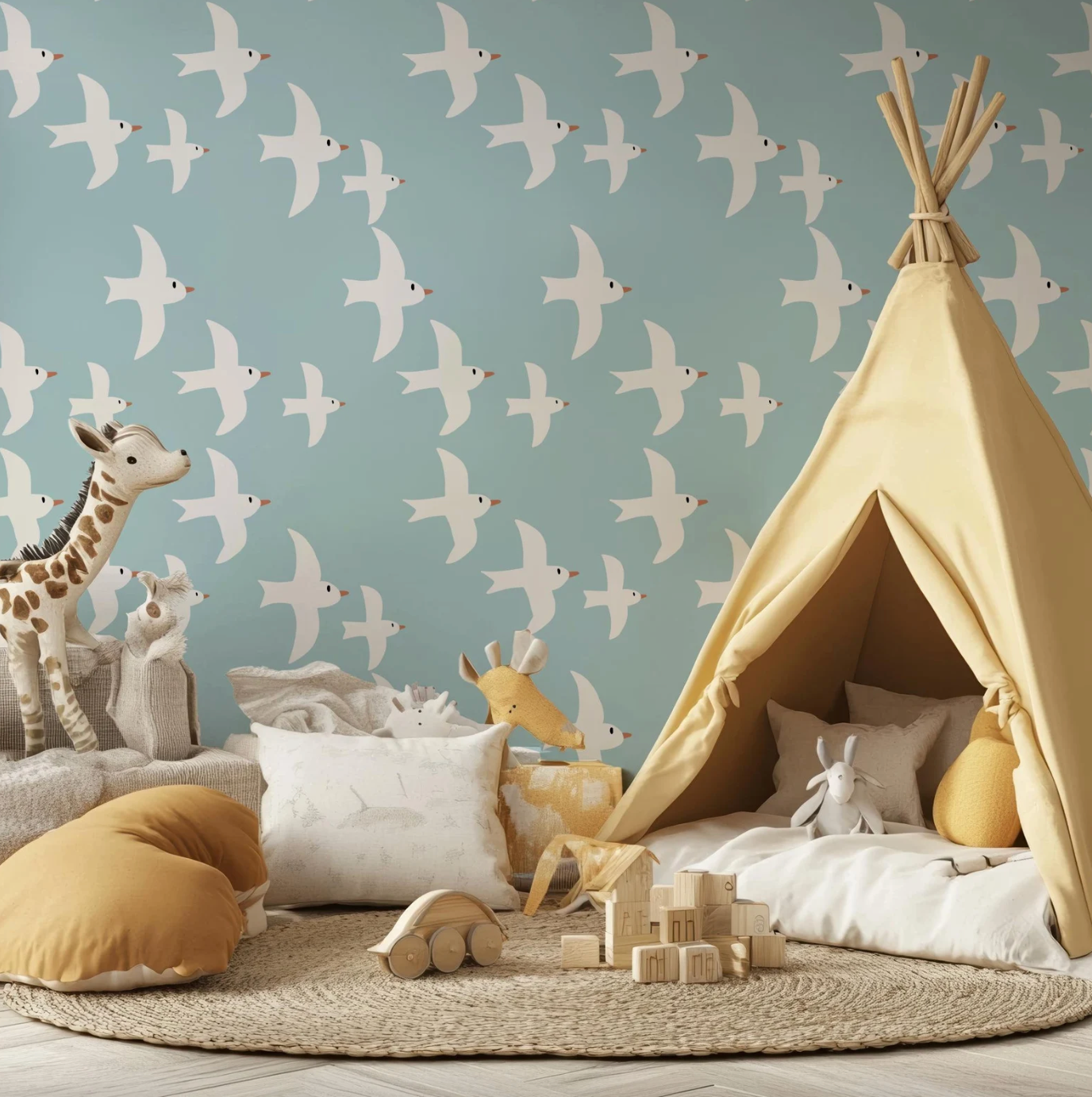 a child's bedroom with a teepee tent and toys