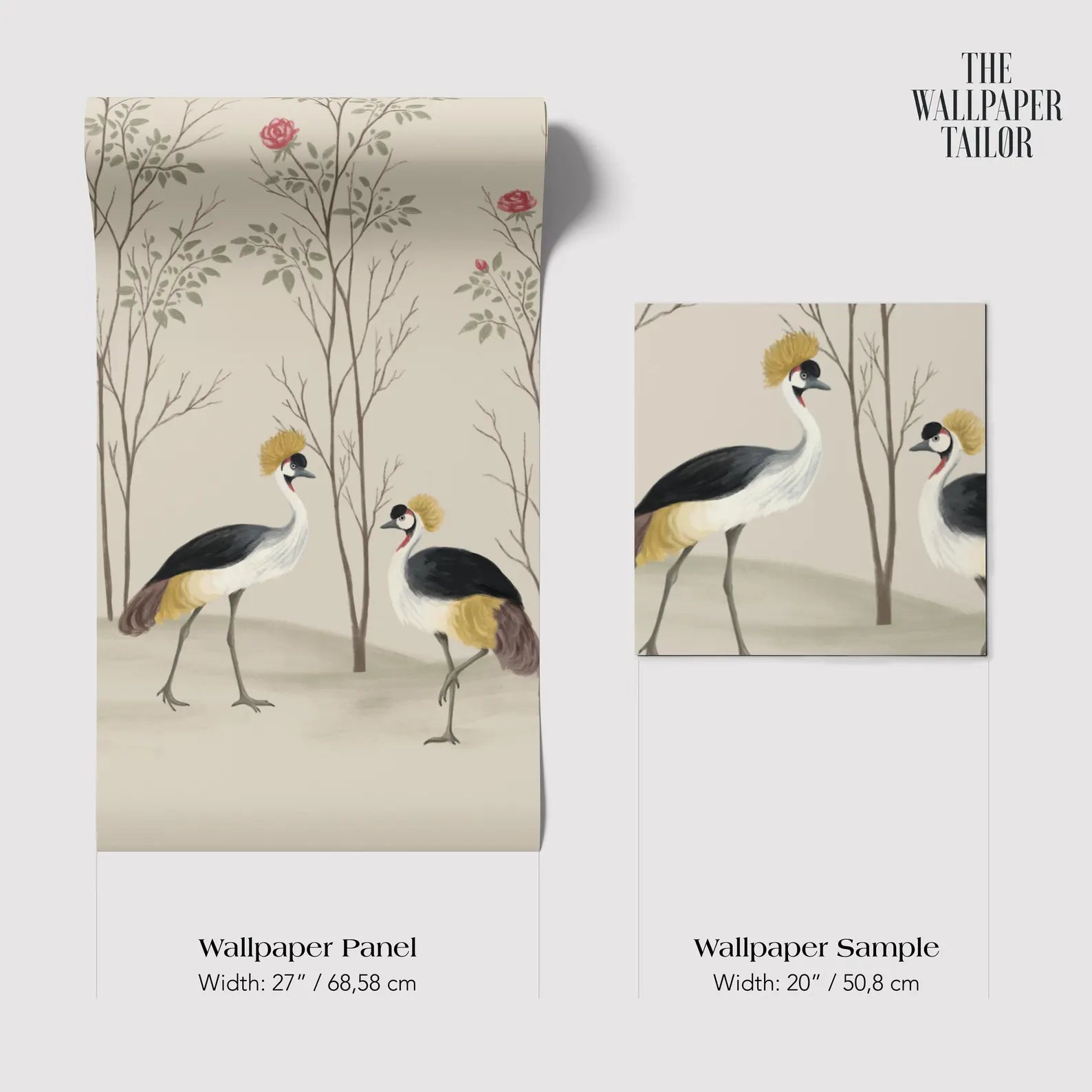 The image is a collage of two wallpapered panels and a wallpapered sample, featuring illustrations of two birds in a forest setting.