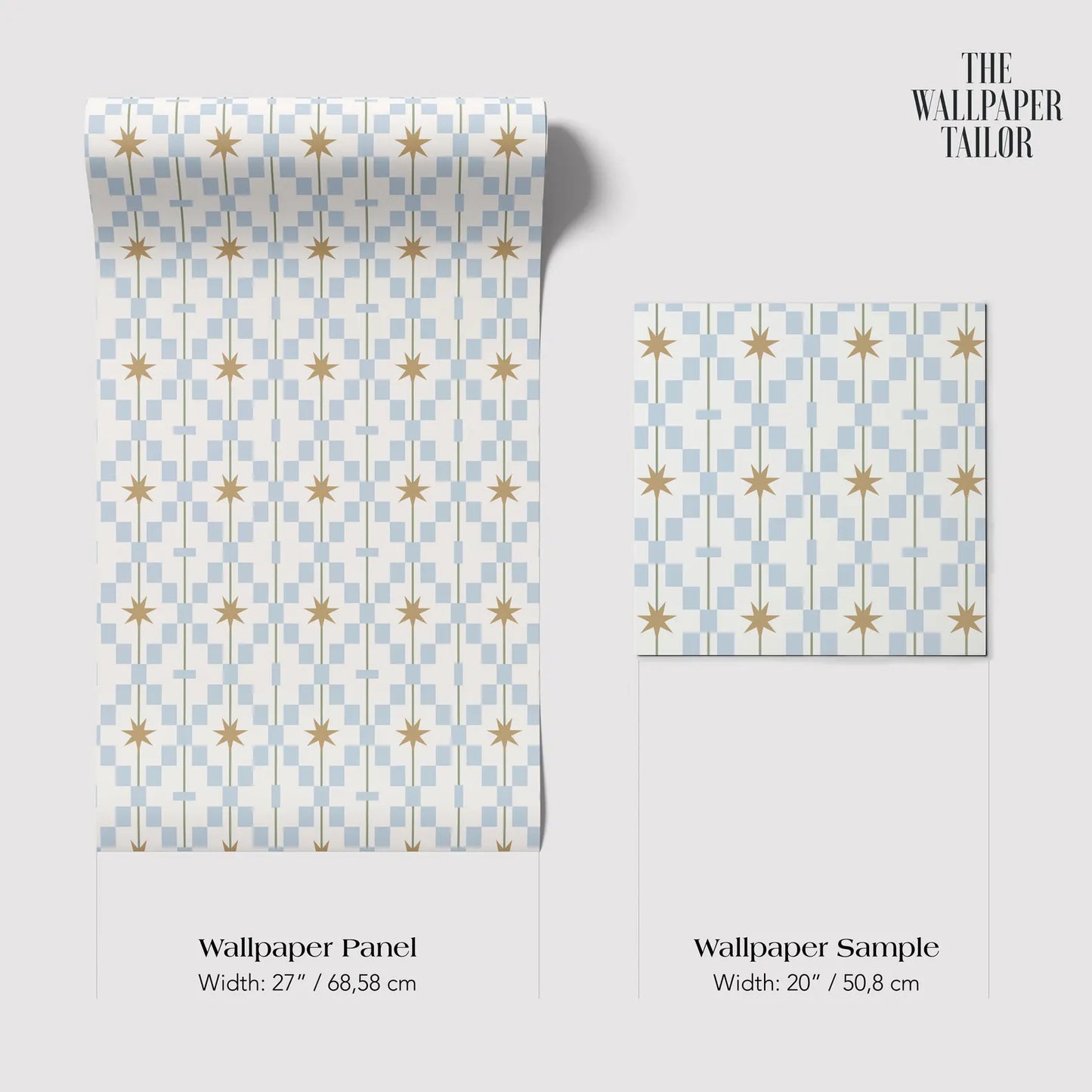 two different wallpaper panels with a star pattern design. The text provides information about the width of the wallpaper panels and the wallpaper sample.