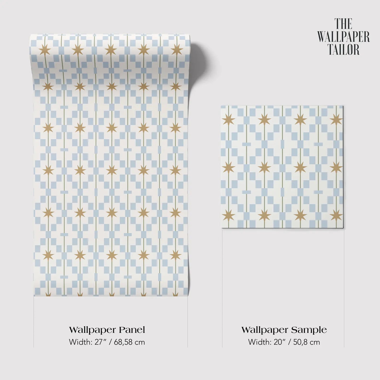 two different wallpaper panels with a star pattern design. The text provides information about the width of the wallpaper panels and the wallpaper sample.