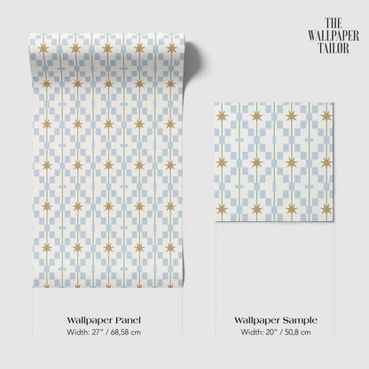 two different wallpaper panels with a star pattern design. The text provides information about the width of the wallpaper panels and the wallpaper sample.