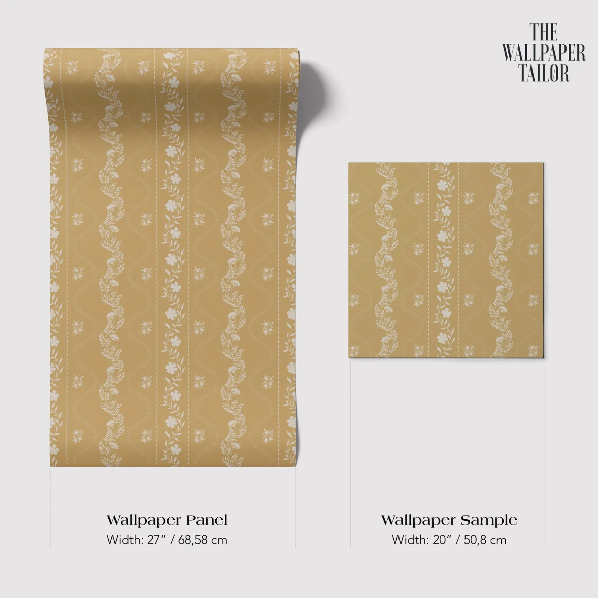 two rolls of wallpaper with a repeating floral pattern in a light brown color. The rolls are labeled as "Wallpaper Panel" and "Wallpaper Sample" with dimensions of 27" x 68" x 68" and 20" x 50" x 50" cm, respectively.